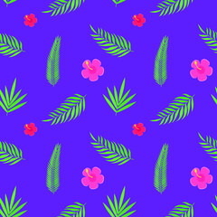 This is a seamless pattern with tropical leaves on a purple background