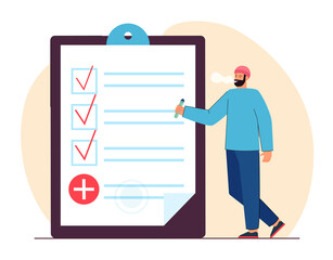 Tiny rehab clinic patient signing medical card. Male smoker or addict filling out form flat vector illustration. Health, addiction, treatment concept for banner, website design or landing web page
