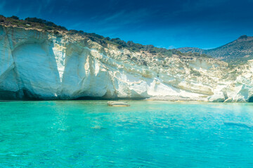 Amazing white cliffs and crystal clear water in Kleftiko Bay, Milos Island,  Greece