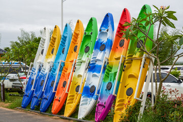 Close-up of professional kayak in colorful colors
