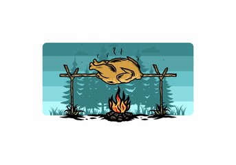 Grilling chicken over bonfire illustration design