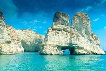 Amazing white cliffs and crystal clear water in Kleftiko Bay, Milos Island,  Greece