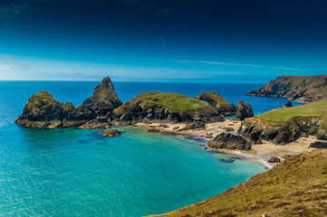 Amazing Kynance Cove beach with crystal clear water in Cornwall,  England