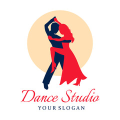 Dance studio logo design template. A dancing couple isolated on white background, vector illustration. Dance school logo, Latino, tango style.