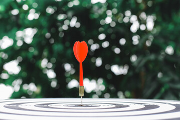 Red dart arrow hit the center target of dartboard with blur background. Target business or market...