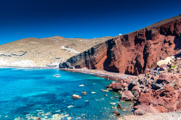 Fototapeta na wymiar Santorini, Greece, 11 June 2022: The volcanic beach of Akrotiri