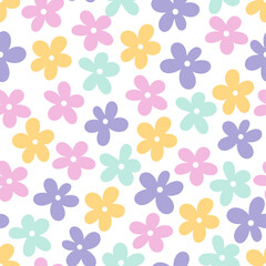 Cute seamless vector pattern with cartoon flowers. Primitive style. For fabric design, wallpapers, backgrounds, wrapping paper. Vector