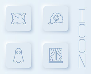 Set line Pillow, Dreams, Ghost and Window with curtains. White square button. Vector