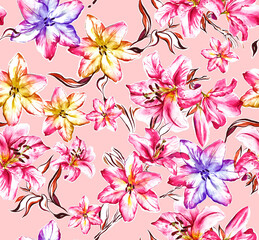 Bright Textile Feminine Watercolor Botanical Floral Painted Fashion Stylish Decorative Pattern Fabric Wallpaper Tile Seamless with lily flowers on bege.