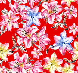 Bright Textile Feminine Watercolor Botanical Floral Painted Fashion Stylish Decorative Pattern Fabric Wallpaper Tile Seamless with lily flowers on red.