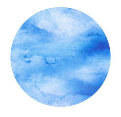 Abstract watercolor blue stain, blot. Blue color on white isolated background. Round shape, for the logo, for your design, postcards and other things. Beautiful art background.Blue sky, wave