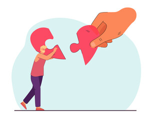 Tiny man and huge hand connecting two pieces of heart puzzle. Person finding partner or getting help flat vector illustration. Communication, love, romance, support concept for banner, website design