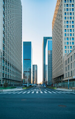 Urban skyscrapers under blue skies