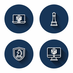 Set line Game dice, Chess, and with long shadow. Blue circle button. Vector