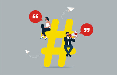 Man and woman with hashtag icon-Social media marketing.