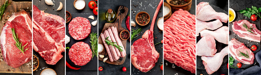 Photo collage. Raw meat set on stone background. View from above.