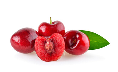 Cherry isolated. Sour cherry. Cherries with leaves on white background. Sour cherries on white