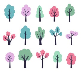 set of colorful tree silhouettes hand drawn vector illustration