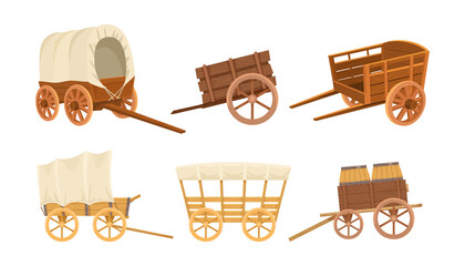 Vintage wooden farming vehicles vector illustrations set. .Old western carriages, wheelbarrows, carts or wagons from wood with big wheels isolated on white background. Farming, transportation concept © PCH.Vector