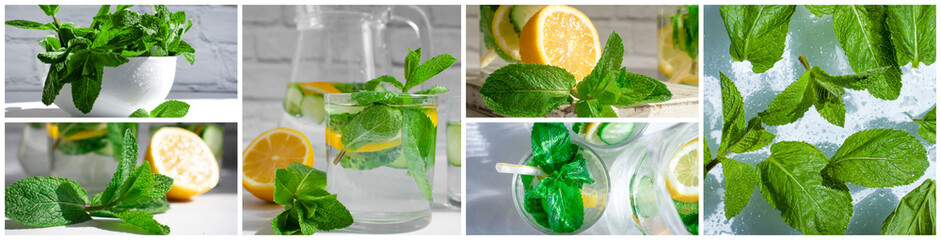 Water with lemon, cucumber, mint on a light background