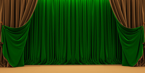 gold and green Red Curtain, opera scene drape backdrop, concert grand opening or cinema premiere backstage, 3D render - obrazy, fototapety, plakaty