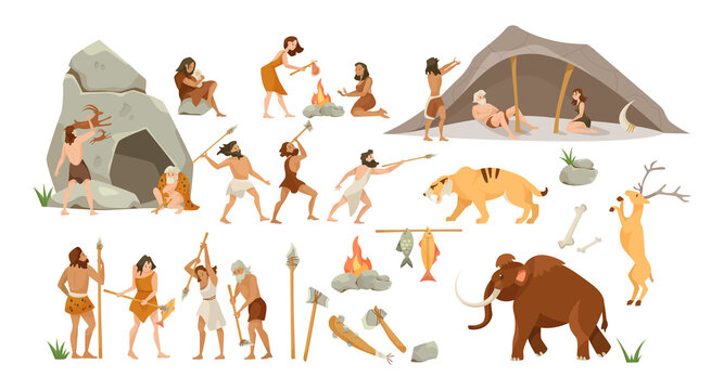 Prehistoric people and animals vector illustrations set. Ancient men and women sitting in caves or hunting, tools, fire, food, tiger on white background. History, stone age, prehistory concept