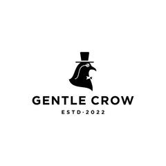 crow wearing classic hat, bowtie and vintage monocle glass logo design. gentleman black raven crow with monocle glasses and bowler top hat icon logo design vector Illustration 