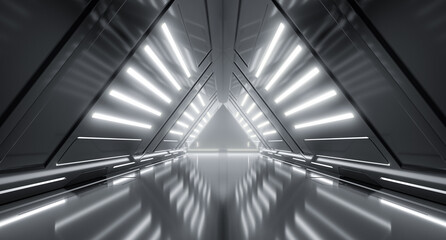 Futuristic Cyber Tunnel, Sci Fi Dark Lights corridor interior design. Triangle Metal Structures Future concept design. 3D Rendering