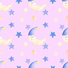 Handdrawn watercolor moon and stars seamless pattern children's textile. Scrapbook design, typography poster, label, banner, post card.