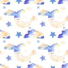 Handdrawn watercolor moon, clouds and stars seamless pattern children's textile. Scrapbook design, typography poster, label, banner, post card.