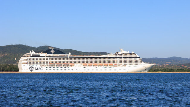 Monfalcone Italy. June 26-2022 MSC cruise ship leaving the port of Monfalcone