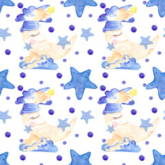 Handdrawn watercolor moon, clouds and stars seamless pattern children's textile. Scrapbook design, typography poster, label, banner, post card.