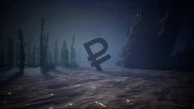The rusty Russian ruble symbol underwater. Illustration of the effect of sanctions on the Russian economy. Russian invasion of Ukraine. 3D animation 4K 60 FPS.