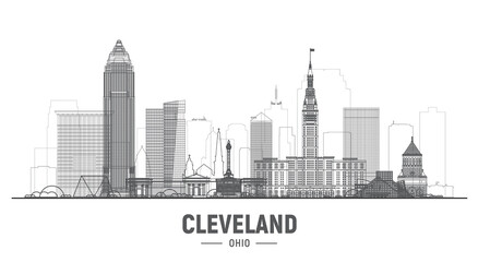 Naklejka premium Cleveland Ohio (USA) line skyline with panorama in white background. Vector Illustration. Business travel and tourism concept with modern buildings. Image for banner or web site