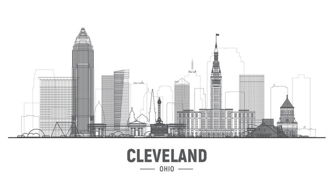 Cleveland Ohio (USA) line skyline with panorama in white background. Vector Illustration. Business travel and tourism concept with modern buildings. Image for banner or web site