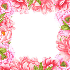 Handdrawn Watercolor pink, red and cream peony flowers frame with green leaves and buds on the white background. Scrapbook design, wedding invitation, label, banner, post card.