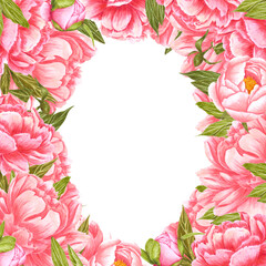 Handdrawn Watercolor pink and red peony flowers frame with green leaves and buds on the white background. Scrapbook design, wedding invitation, label, banner, post card.