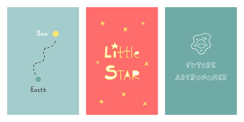 Charming vector set. Vertical posters on the theme of space, astronomy and science in the form of children's funny doodles. Great ideas for children's things, textiles, wrappers and covers, interior