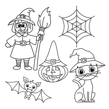 Cute elements for halloween cartoon coloring page illustration vector. For kids coloring book.