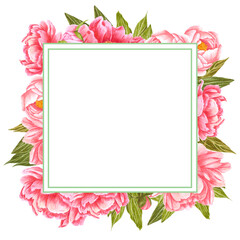 Fototapeta premium Handdrawn Watercolor pink peony flowers frame with green leaves and buds on the white background. Scrapbook design, wedding invitation, label, banner, post card.
