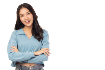 Portrait smiling young asian woman with crossed arms Happy asia girl posing with crossed arms and looking at camera isolated on white background copy space Confident female get happy and feel relax - obrazy, fototapety, plakaty