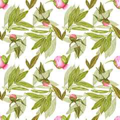 Handdrawn peony buds seamless pattern. Watercolor pink peony with green leaves on the white background. Scrapbook design, typography poster, label, banner, textile.