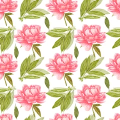  Handdrawn peony flowers seamless pattern. Watercolor pink peony with green leaves on the white background. Scrapbook design, typography poster, label, banner, textile. © Aleksandra Shvetsova