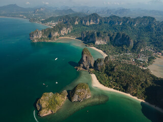 Aerial view of the big limestone island of Phra Nang beach in Krabi, Thailand