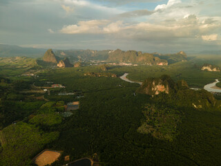 Aerial view of  the Phang Nga mangroves at sunset