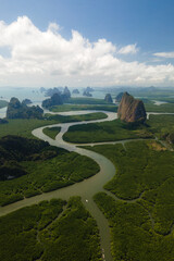 Aerial view of a swerving river through a series of limestones in Phang Nga Bay