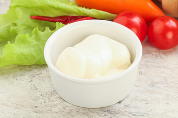 Organic mayonnaise sauce in the bowl