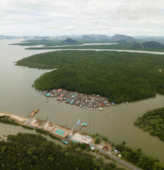 Aerial view of a small fishing town in the mangrove jungle