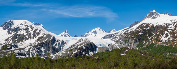 Broad high definition panoramic view of the Worthington Glacier by the roadside at Thompson Pass...