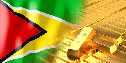 Guyana flag and gold ingots - 3D illustration